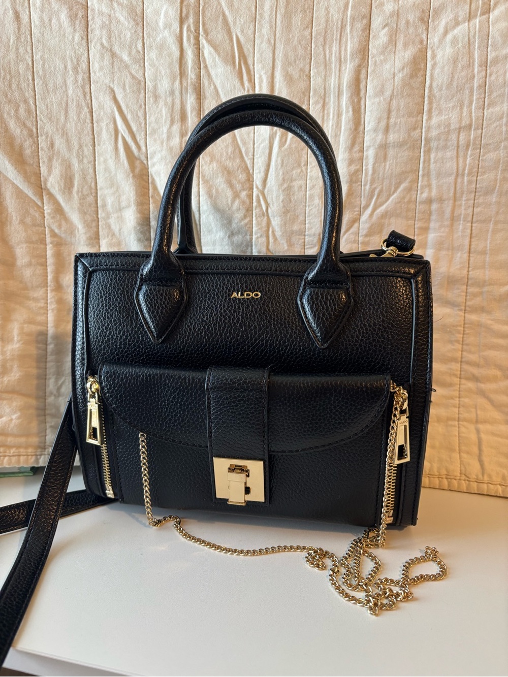 ALDO 2-in-1 Crossbody Bag - Black Pebbled Leather Satchel with Gold Hardware